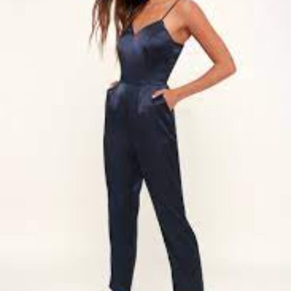 Lulus Pants - Lulus Touch Of Heaven navy blue satin sleeve spaghetti strap 2 pocket jumpsuit L